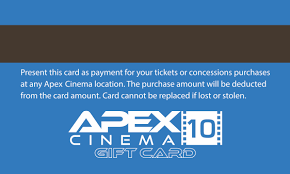 Values range from $25 to $3,000, so american express gift cards can be a thoughtful gift for any occasion. Apex Cinemas Gift Cards