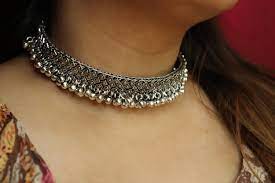 Indian Oxidize Choker Necklace Jewelry Ghungroo German Silver Oxidized Traditional Jewellery Boho Women Handmad Silver Jewellery Indian Tribal Earrings Chokers