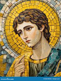 Arte De Mosaico Religioso Intrincado Que Representa a Un Santo Con Halo  Dorado Foto de archivo