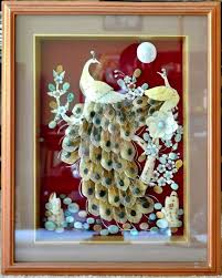 Burmese Gemstone Inlay Artwork Depicting Two Peacocks With Yellow Feathers Yellow Feathers Gemstones Artwork