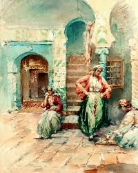 Parcourez notre sélection de peinture décoration : Algerie Peintre Francais Gilbert Galland 1870 1956 Aquarelle Titre Scene Intime Dans Une Cour Interieure Mediterranean Art Romantic Art Painting