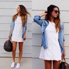Women S White Lace Casual Dress Light Blue Denim Shirt White Plimsolls Dark Brown Print Leather Duffle Bag Lace Dress Casual Casual White Lace Dress Casual Dresses