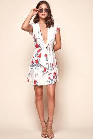 Lydia Plunging Neckline Floral Dress White White Floral Dress Dresses Popular Outfits
