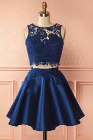 Two Piece Dark Blue Sleeveless Satin Short Homecoming Dress With Lace Appliques N769 Two Piece Homecoming Dress Prom Dresses Two Piece Cheap Short Prom Dresses