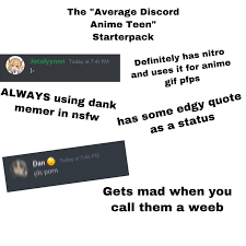 Discordmojis is not created by, affiliated with, or supported by discord inc. Average Discord Anime Teen Starterpack R Starterpacks Starter Packs Know Your Meme