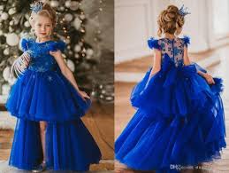 Lovely Royal Blue Girls Pageant Dresses High Low Short Sleeves Tulle Jewel Neck Hollo Little Girl Pageant Dresses Toddler Pageant Dresses Girls Pageant Dresses