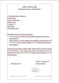 Bagi siswa atau siswi yang mendaftar di sekolah tingkat lanjut biasanya oleh sekolah tujuannya dimintai surat pernyataan keabsahan data, surat pernyataan keabsahan data adalah surat yang dibuat oleh calon siswa baru yang menyatakan bahwa data identitas diri, data nilai, data raport. Almakmunasfa Contoh Surat Pernyataan Keabsahan Data