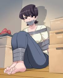lost one zero, komi shuuko, komi-san wa komyushou desu, eyebrows,  absurdres, highres, 1girl, arms behind back, barefoot, bdsm, black hair,  bondage, bound, bound ankles, breasts, cleavage, denim, gag, gagged,  improvised gag, jeans,