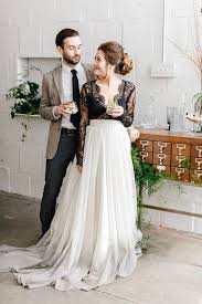 A Black And White Wedding Separate With An Ombre Draped Skirt And A Black Lace Sheer Top Black Lace Wedding Edgy Bridal Black Lace Wedding Dress