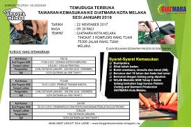 Permohonan kemasukan ke pusat latihan kemahiran giatmara secara online dan manual di seluruh malaysia akan dibuka pada bulan september bagi sesi kemasukan januari 2021. Giatmara Kota Melaka Teknologi Sistem Komputer Tsk 150 It 020 3 2013 Operasi Sistem Komputer Pengambilan Januari Julai Tempoh Kursus 6 Bulan 3 Bulan Latihan Industri Sijil Ditawarkan I Sijil