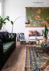 Gorgeous Living Room With Green Leather Couch Oversized Art And Traditional Ru Home Decor For Us Bohemian Style Living Room Boho Living Room Living Room Designs
