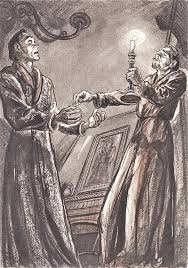 Full-page chromolithograph: Godfrey Ablewhite, taking the Moonstone from Franklin  Blake (uncaptioned) in "The Moonstone" (1946)