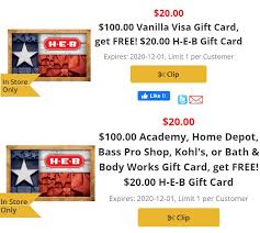 You can buy maximum 20 cards with total amount up to 1000 eur. Expired H E B Purchase 100 In Giftcards Get 20 H E B Giftcards Visa Home Depot More Doctor Of Credit