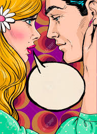 Pop Art Couple Conversation.Love Couple.Pop Art Love. Valentines Day  Postcard. Hollywood Movie Scene.Real Love.First Kiss. Movie Poster. Comic  Book Love. Comic First Kiss. I Love You. Speech Bubble. Фотография,  картинки, изображения и