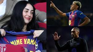 Lamine Yamal's girlfriend Nicki Nicole shares jokes with Raphinha & Dani Olmo as trio watch Barcelona thrash Olympiacos