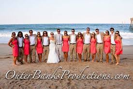 Navy And Coral Beach Wedding Navy Blazers Coral Bridesmaids With Different Style Dresses Beach Beach Wedding Navy Beach Wedding Coral Navy Wedding