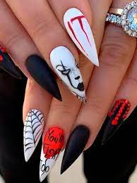 Amazing Spooky Nails Consist Of Stiletto Shaped It Nails Accent Spider Web Nail And Black Nai Cute Halloween Nails Halloween Nail Designs Halloween Nails Diy