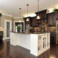 If you add a dark floor stain to your kitchen floors, select a light paint for the island, walls, and cabinetry. Dark Cab White Island Floors Pendents Traditional Kitchen Cabinets Kitchen Design Kitchen Remodel