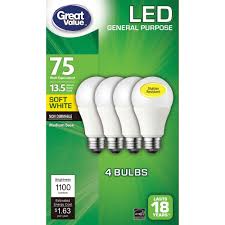 Check spelling or type a new query. Great Value Led Light Bulb 13 5 Watts 75w Equivalent A19 General Purpose E26 Medium Base Non Dimmable Soft White 4 Pack Walmart Com Walmart Com