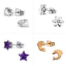 Children S Earrings Surgical Steel Stars Sheep Flower Rose Gold Dolphins Set 6 Childrens Earrings Baby Earrings Childrens Jewelry