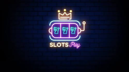 Slots Play Machine Casino Neon Sign on Brick Wall Background 4K