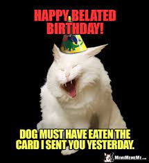 Laughing Cat Wearing Party Hat Says Happy Belated Birthday Dog Must Have Eaten The Card I Sent You Yeste Cat Birthday Funny Funny Cat Pictures Birthday Jokes