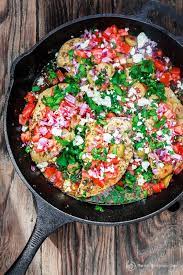 And the peppery bite of arugula, fresh tomato, and red onion are the perfect complement to the gooey melted mozz. One Skillet Mediterranean Chicken Recipe The Mediterranean Dish This Gree Mediterranean Chicken Recipes Chicken Recipes With Tomatoes Skillet Dinner Recipes