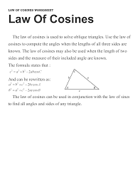 The formula states that : Law Of Cosines Worksheet