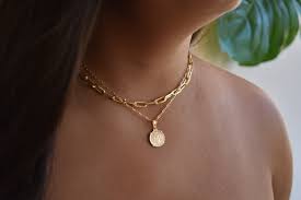 Gold Link Choker With Gold Coin Chain Set Link Chain Etsy Chain Link Necklace Necklace Set Small Gemstone Earrings