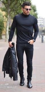 Slim fit jeans are without a doubt the most stylish type to be worn with chelsea boots. Men S Black Leather Biker Jacket Black Turtleneck Black Skinny Jeans Black Leather Chelsea Boots Mens Outfits Menswear Mens Fashion
