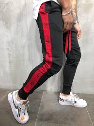 Black And Red Joggers Mens Men Slim Fit Casual Script Side Sweatpants Joggers Black Red 3997 Tracksuit Bottoms Fashion Pants Skinny Joggers