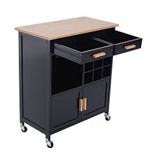 Perfect for bar, wine cellar, kitchen, basement, etc. Bamboo Black Rolling Kitchen Island 2 Drawers Storage Cabinet Extra Shelf 9 Bottles Wine Rack Utility Serving Cart Dining Trolle Buy Kitchen Island Cart Trolley Bamboo Kitchen Island Cart Trolley Cart Trolley With