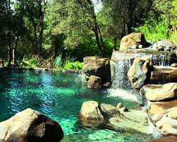 Landscape Pool Design Waterfall Island Natural Rock Swimming Pool Designs Ideas Natural Swimming Ponds Natural Swimming Pools Swimming Pond
