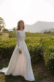 Chiffon Wedding Dress Anasteisha Long Sleeves Simple Wedding Dress With Open Back In 2021 Chiffon Wedding Dress Long Wedding Dresses Wedding Dresses Simple