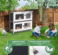 2 Story Outdoor Solid Wood Rabbit Hutch Bunny Cage with 2 Large Main Rooms,  Grey