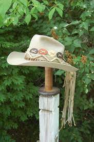 This Is A Unique One Of A Kind Cowboy Hat Sure To Catch Attention Beige Resistol Western Cutter Bill Cowboy Hat Embellished With Rope Belts And Wooden Beads Non