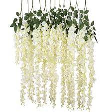 E Joy 24 Piece Realistic Artificial Silk Wisteria Vine Ratta Silk Hanging Flower Plant For Home Party Wedding Decor And Other Various Events Each White Silk Hanging Flowers Wedding Hanging
