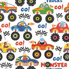 Monster jam steel titans 2 is a video game developed by rainbow studios and published by thq nordic. Seamless Pattern Monster Trucks With Animals On White Background Royalty Free Cliparts Vectors And Stock Illustration Image 94433042