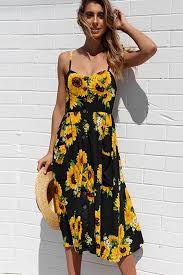 Black Sunflower Print Spaghetti Straps Pocket Button Casual Dress Trendy Dresses Summer Maxi Dress Cocktail Sunflower Dress