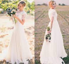 A Line Chiffon Short Sleeves Sweep Length Sash Cheap Simple Spring Garden Wedding P Modest Lace Wedding Dresses Short Sleeve Wedding Dress Bridal Gowns Vintage