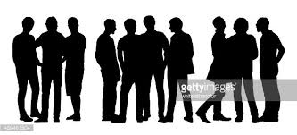 Two charming caucasian women, blond and brunette friends, holding shopping bags, smiling joyfully, talking to each other. People Talking To Each Other Silhouettes Set 8 Clipart Image