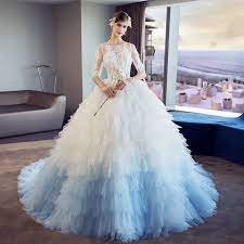 Amazing Unique White Gradient Color Sky Blue Pierced Wedding Dresses 2018 Ball Gown Scoop Neck 1 2 Sleeves Backless Appliques Lace Sequins Pleated Cathedral T Dye Wedding Dress Ball Gowns Fantasy Gowns