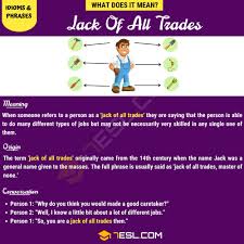 Jack of all trades, master of none is a figure of speech used in reference to a person who has dabbled in many (if not all) skills, rather than gaining expertise by focusing on one. Jack Of All Trades Do You Know What This Idiom Means 7esl