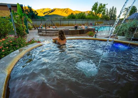 Terraced mineral soaking pools at Durango Hot Springs Resort and Spa in the Animas Valley Colorado