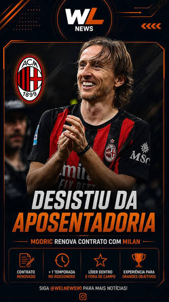 O Milan oficializou a renova&ccedil;&atilde;o do contrato de Luka Modric at&eacute; o dia 30 de junho de 2027. O time ainda informou que o jogador seguir&aacute; com a camisa 14. Aos 40