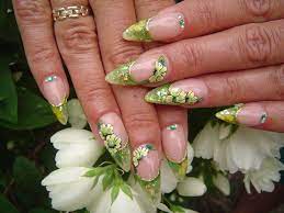 Acrylic Nails With Inlay And Painting On Top Green Nails Flower Painting Nail Art Nail Design Green Nails Nail Designs Nail Art