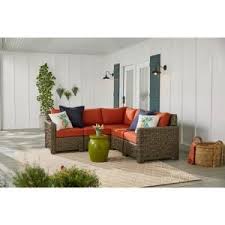 Hampton Bay Laguna Point 5 Piece Brown Wicker Outdoor Patio Sectional Sofa Set With Cushionguard Quarry Red Cushions 65 516183d 5 The Home Depot Patio Sectional Wicker Patio Sectional Wicker Outdoor Sectional