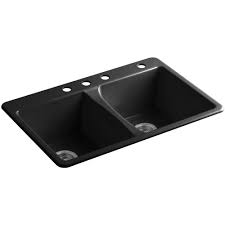 The perfect black kitchen sink in home that makes center of attention. Kohler Deerfield Drop In Cast Iron 33 In 4 Hole Double Bowl Kitchen Sink In Black K 5873 4 7 The Home Depot