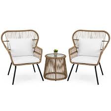 Best Choice Products 3 Piece Patio Wicker Conversation Bistro Set W 2 Chairs Glass Top Side Table Cushions Tan Walmart Com In 2020 Bistro Furniture Backyard Furniture Glass Top Side Table