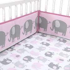 Eloise is a contemporarily styled elephant with large pink ears and likes her favorite little bird playing along with her back. Eloise Pink Gray Elephant 4 Piece Baby Crib Bumper